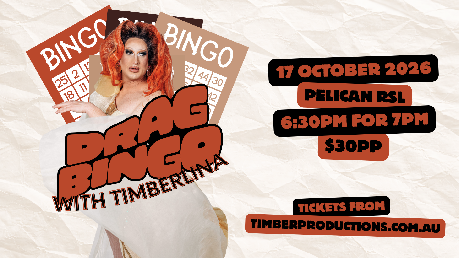 17th Oct | Drag Bingo with Timberlina | Pelican RSL